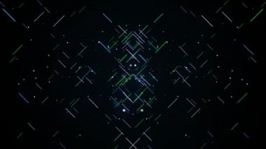 Çok renkli çizgilerin geometrik desenlerinin arkaplanı. Çok renkli çizgiler soyut geometrik desenler oluşturarak yavaş hareket eder. Siyah arkaplanda yavaş hareket eden darbelerin deseni