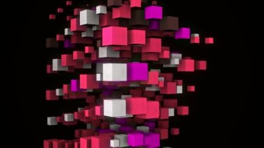Küplerin yapısı aşağı doğru döner. Animasyon. Renkli küplerin üç boyutlu güzel animasyonu sırayla kayboluyor. Çok renkli küplerin kulesi siyah arkaplanda eğilip kaybolur.