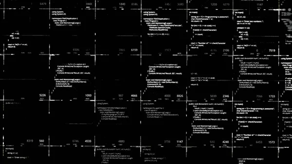 Códigos digitales blancos en celdas con números sobre fondo negro. Animación. Mucha información cambiante que se mueve en un monitor de máquina, bucle sin costura, monocromo. — Foto de Stock