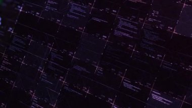 Soyut program kodlarının blokları sanal alan içinde yazılıyor ve taşınıyor. Animasyon. Çalışan hatları olan modern bir bilgisayar kodu, yapay zekanın işi..