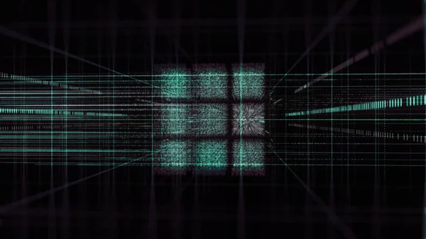 情報ストリームを交換するコンピューティングコアの3D回転キューブ。アニメーション。黒の背景に輝く何百万もの小さな粒子からなる緑色の立方体の体積パターン — ストック写真