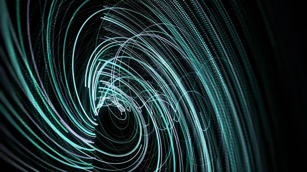 Abstrato espiral giratória brilhante linhas azuis e turquesa. Animação. Giro bonito com raios de flexão voadores no fundo preto, loop sem costura. — Fotografia de Stock