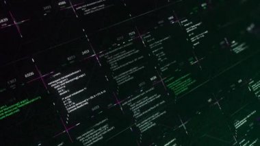 Siber saldırının soyut süreci, dijital suç kavramı. Animasyon. Siyah arkaplan üzerine kendi başına yazılan programlama kodu, kusursuz döngü, yapay zeka.