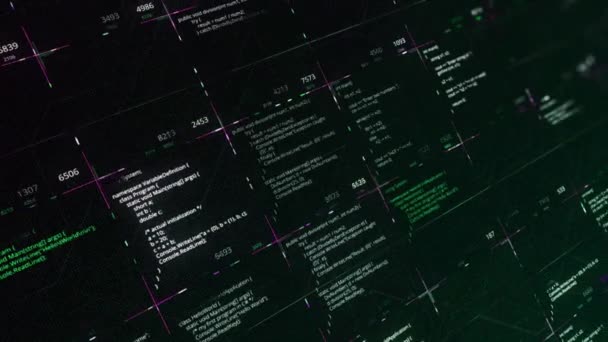 Processo abstracto de um ataque cibernético, conceito de crime digital. Animação. Código de programação escrito por si só em fundo preto, loop sem costura, inteligência artificial. — Vídeo de Stock