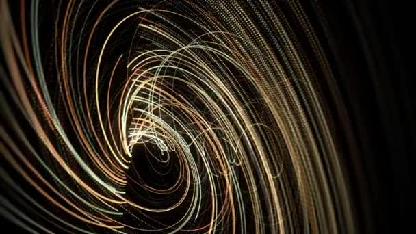 Abstraktní energetický tunel ve vesmíru. Animace. Proudící vírová energie mnoha zlatých ohýbaných čar na černém pozadí, bezešvé smyčky. — Stock video
