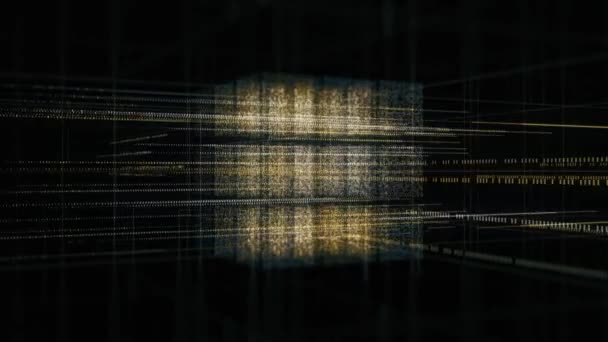 O Conceito de visualização da Inteligência artificial. Animação. Cubo digital 3D cintilante abstrato formado por cubos menores cercados por armação de arame digital volumétrica dourada. — Vídeo de Stock