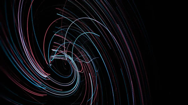 Swirling swirl of neon lines on black background. Animation. Swirl of fast-moving laser colored lines. Neon lines move in spiral. Beautiful multi-colored spiral of neon lines