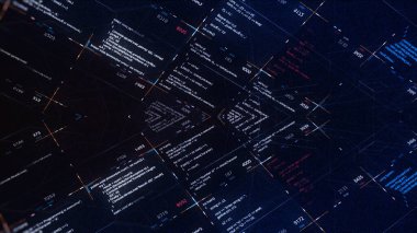 Program kodlarıyla yer değiştirilmiş. Animasyon. Kaynak koddaki iki dijital uzayın birleşmesi. Program kodlarıyla matris dünyalarının yansıması veya birleşmesi