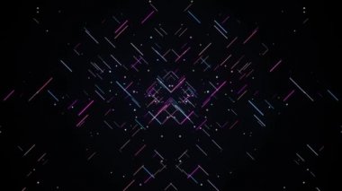 Çok renkli çizgilerin geometrik desenlerinin arkaplanı. Çok renkli çizgiler soyut geometrik desenler oluşturarak yavaş hareket eder. Siyah arkaplanda yavaş hareket eden darbelerin deseni