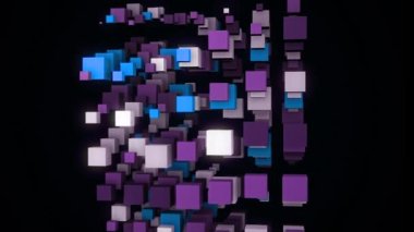 Siyah arka planda küp kulesi. Animasyon. Yüzen renkli küplerin üç boyutlu yapısı. Rengarenk küplerin bitmeyen kulesi ortaya çıkıyor. Döngülü 3 boyutlu canlandırma