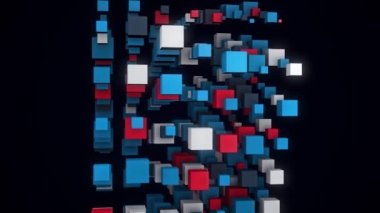 Üç boyutlu küplerin yapısı büyür. Animasyon. Kulenin üç boyutlu yapısı parlak renkli küplerden yükseliyor. Kule, siyah arkaplanda ortaya çıkan küplerden büyür.