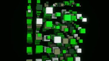 Üç boyutlu küplerin yapısı büyür. Animasyon. Kulenin üç boyutlu yapısı parlak renkli küplerden yükseliyor. Kule, siyah arkaplanda ortaya çıkan küplerden büyür.