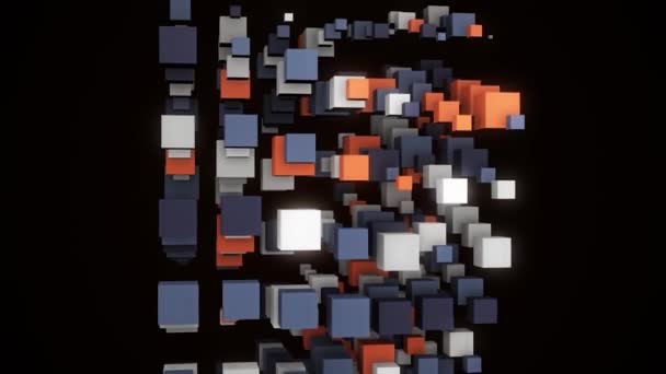 Creciente torre de cubos. Animación. Torre abstracta de cubos de colores que aparecen en el aire sobre fondo negro. Hermosa estructura de torre levantándose de cubos o cuadrados 3D — Vídeo de stock