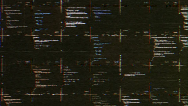 Codice sorgente astratto dello script del computer con effetto glitch. Animazione. Schermo di web sviluppo di codice hacker su sfondo nero, loop senza soluzione di continuità. — Foto Stock