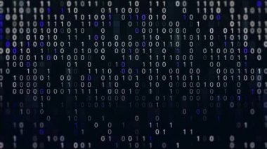 Mavi ve beyaz ikili kod koyu ekranda hızla yazılıyor. Animasyon. Sıfır numara ve siyah arkaplanda bir kodlama, kusursuz döngü.