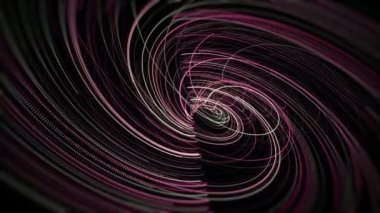 Pembe uzay spirali, siyah arka planda sonsuz dönüş, kusursuz döngü. Animasyon. Parlak Fibonacci kıvrımları mor, beyaz ve pembe renklerde. 