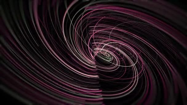 Spiral de espaço rosa em rotação infinita sobre fundo preto, loop sem costura. Animação. Brilhante fibonacci redemoinho em roxo, branco e rosa cores. — Vídeo de Stock