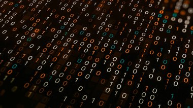 İkili kodlu bir hack programı. Animasyon. Bilgisayar sisteminde ikili kodlu virüs saptandı. Sıfır ve birin birçok parlak kombinasyonu. Uygulamalar ikili kod okunuyor