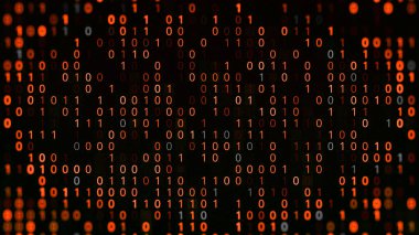 İkili kodlu bir hack programı. Animasyon. Bilgisayar sisteminde ikili kodlu virüs saptandı. Sıfır ve birin birçok parlak kombinasyonu. Uygulamalar ikili kod okunuyor