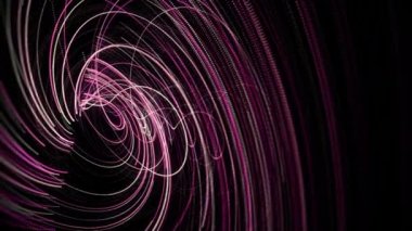 Pembe uzay spirali, siyah arka planda sonsuz dönüş, kusursuz döngü. Animasyon. Parlak Fibonacci kıvrımları mor, beyaz ve pembe renklerde. 