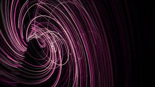 黒の背景に無限の回転でピンクの空間スパイラル、シームレスなループ。アニメーション。紫、白、ピンク色の光沢のあるフィボナッチの渦巻き. — ストック動画