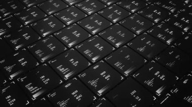 Numaralı üç boyutlu hücreler. Animasyon. 3 boyutlu hücrelerde bilgisayar verisi olan geleceksel bir arkaplan. Saflar arasında hareket eden hücrelerdeki sayılar değişiyor