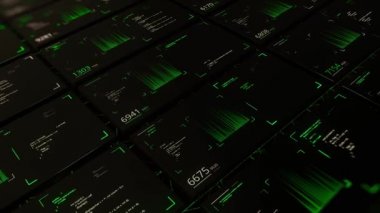 Bilgisayar verili yüksek teknolojili dokunmatik grafikler. Animasyon. Bilgisayar verileri ve sensör hücrelerindeki iş hesaplamalarıyla gelecek teknolojileri. Değişen verileri olan karanlık sensör hücreleri