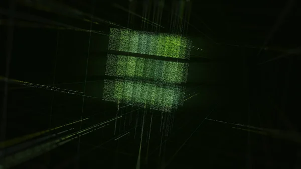 Zielony, abstrakcyjny sześcian składa się z małych cząstek. Animacja. Migocząca postać 3D obracająca się na czarnym tle, płynna pętla. — Zdjęcie stockowe