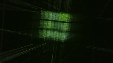 Yeşil soyut küp küçük parçacıklardan oluşur. Animasyon. Siyah arkaplan üzerinde dönen titreşimli 3D şekil, pürüzsüz döngü.