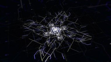 Teknoloji Arkaplan İşlemcisi Soyut Görselleştirme Devresi, 3 boyutlu modelleme kavramı. Animasyon. Fütürist bilgisayar endüstrisinde veri transferi.