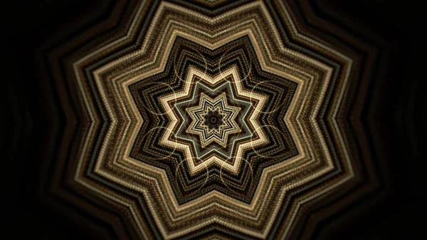 Abstraktní symetrický vzor se zlatou krásnou hvězdou v kaleidoskopickém pohybu. Animace. Barevná postava na černém pozadí blikající a zářící, hladká smyčka. — Stock fotografie