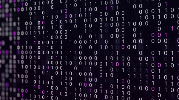 Abstracte digitale achtergrond van het programmeren van binaire code, naadloze lus. Animatie. Kleurrijke nul en een cijfer in golfbeweging op een monitor. — Stockfoto