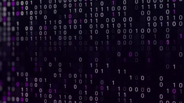 Programlama ikili kodunun soyut dijital arka planı, kusursuz döngü. Animasyon. Renkli sıfır ve bir basamaklı dalga hareketi monitörde.