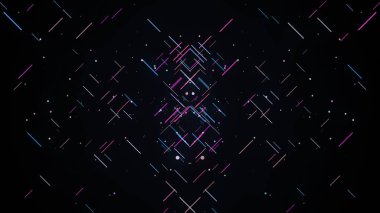 Çok renkli çizgilerin geometrik desenlerinin arkaplanı. Çok renkli çizgiler soyut geometrik desenler oluşturarak yavaş hareket eder. Siyah arkaplanda yavaş hareket eden darbelerin deseni