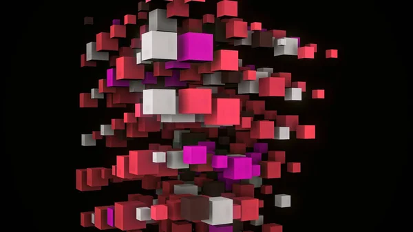 Strukturen av kuber roterar ner. Animering. Vacker 3D-animering av färgglada kuber försvinner i rotation. Tornet av flerfärgade kuber vrider ner och försvinner på svart bakgrund — Stockfoto