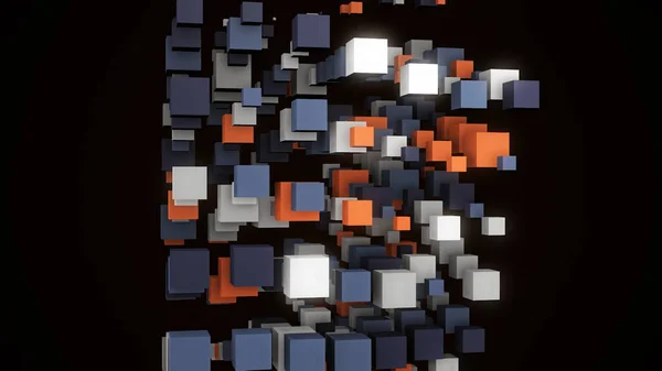 Growing tower of cubes. Animation. Abstract tower of colorful cubes appearing in air on black background. Beautiful structure of tower rising up out of 3D cubes or squares
