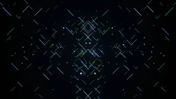 Hintergrund des geometrischen Musters mehrfarbiger Linien. Mehrfarbige Linien bewegen sich langsam und schaffen abstrakte geometrische Muster. Muster langsamer Striche auf schwarzem Hintergrund — Stockfoto