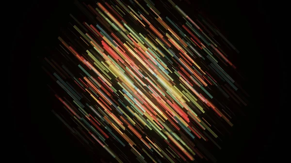 Flow of diagonal strokes. Animation. Colorful luminous stream of moving strokes on black background. Diagonal stream of colorful, slow-moving strokes