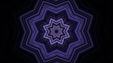 Siyah zemin üzerinde soyut mor titreşimli yıldız, kusursuz döngü. Animasyon. Noel ve Yeni Yıl tatillerinin sembolü olarak kaleydoskopik beş köşeli yıldızlı şenlik düzeni. 