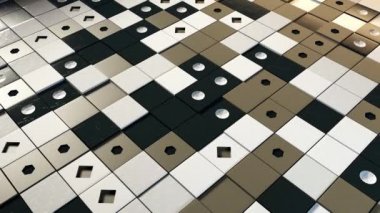 Üç boyutlu domino arka planı. Animasyon. Domino taşlarından oluşan düz bir zemin. Dominodan yapılmış dama tahtası yüzeyi. Düz dominoların yüzeydeki güzel arkaplanı