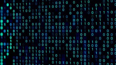Bilgi akışı, siyah arkaplanda bir ve sıfır sayılarının dalgaları, kusursuz döngü. Animasyon. Renkli basamaklı ikili kod, programlama kavramı.