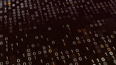 Siyah zemin üzerinde soyut beyaz ve sarı ikili kod, kusursuz döngü. Animasyon. Gelecekçi siber uzay, kripto para ve bitcoin btc madencilik kavramı. 