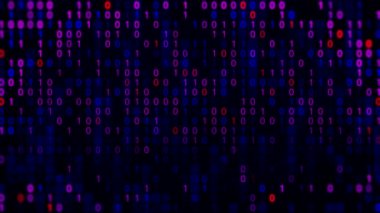 İkili kodu temsil eden teknolojik arka plan. Animasyon. Farklı yapılandırmalardaki ikili basamaklar 1 ve 0, kusursuz döngü. 
