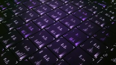 Numaralı üç boyutlu hücreler. Animasyon. 3 boyutlu hücrelerde bilgisayar verisi olan geleceksel bir arkaplan. Saflar arasında hareket eden hücrelerdeki sayılar değişiyor