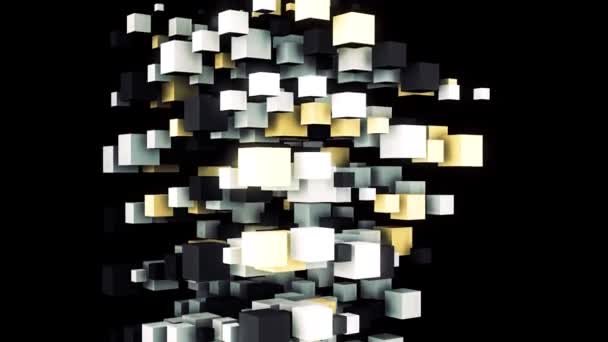 Abstract flow of yellow, grey, and white 3D same size cubes isolated on black background. Animation. Colorful cubes moving slowly into the same direction. — Stock Video