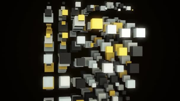 Abstraktní tok žlutých, šedých a bílých 3D kostek stejné velikosti izolovaných na černém pozadí. Animace. Barevné kostky pohybující se pomalu stejným směrem. — Stock video