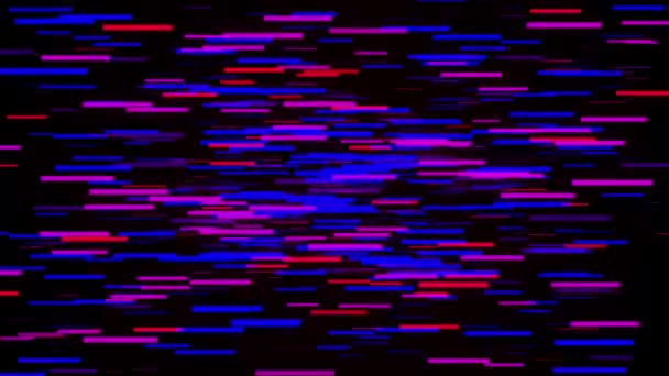 Абстрактные красочные короткие горизонтальные линии, перемещающиеся случайным образом на черном фоне. Анимация. 3D движения бесконечных узких полос, бесшовный цикл. — стоковое видео