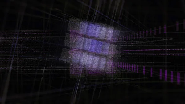 Abstract digital grid in a shape of rotating box, seamless loop. Animation. Virtual purple figure of 3D cubes made of shimmering particles isolated on black background.