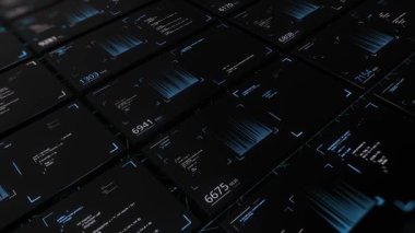 Neon dijital verileri olan teknoloji hücreleri. Animasyon. Bilgisayar ve dijital verileri değişen karanlık etkileşimli hücreler. Hücrelerde dijital veri bulunan teknolojik arkaplan
