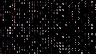 Bilgi akışı, siyah arkaplanda bir ve sıfır sayılarının dalgaları, kusursuz döngü. Animasyon. Renkli basamaklı ikili kod, programlama kavramı.